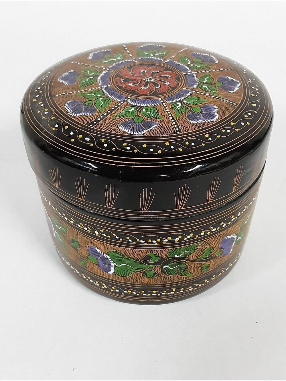 Vintage Round Trinket Lacquerware Box, Glossy Black Finish, Made In Thailand - Picture 8 of 14